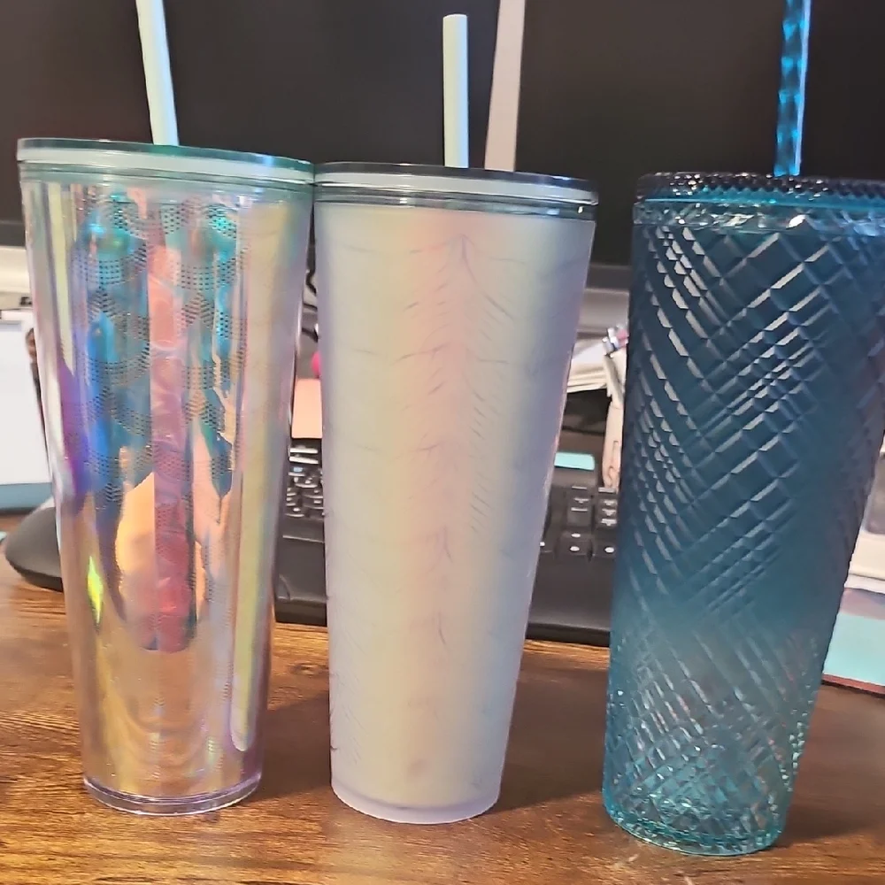 Starbucks Iridescent, White, and Blue Tumbler Trio